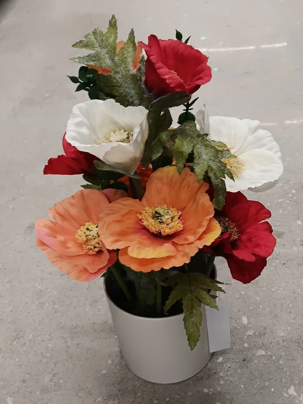 Artificial Poppy Floral Arrangement in White Vase - Orange, Red & White